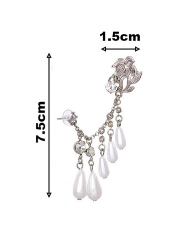 Cercel ear cuff elegant, crin, lantisor cu perle mari si cristale si prindere dubla