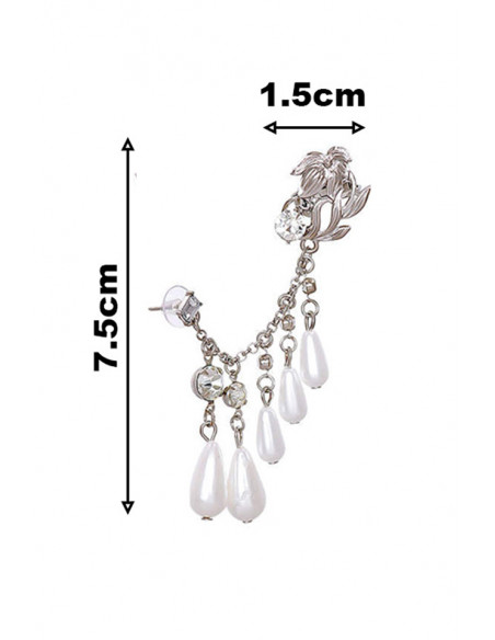 Cercel ear cuff elegant, crin, lantisor cu perle mari si cristale si prindere dubla