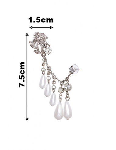 Cercel ear cuff elegant, crin, lantisor cu perle mari si cristale si prindere dubla