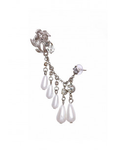 Cercel ear cuff elegant, crin, lantisor cu perle mari si cristale si prindere dubla