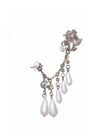Cercel ear cuff elegant, crin, lantisor cu perle mari si cristale si prindere dubla