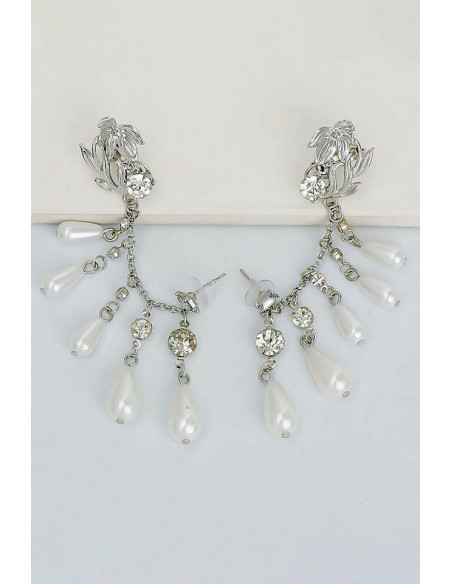 Cercel ear cuff elegant, crin, lantisor cu perle mari si cristale si prindere dubla