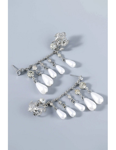 Cercel ear cuff elegant, crin, lantisor cu perle mari si cristale si prindere dubla