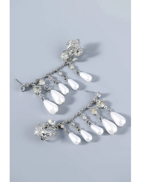 Cercel ear cuff elegant, crin, lantisor cu perle mari si cristale si prindere dubla