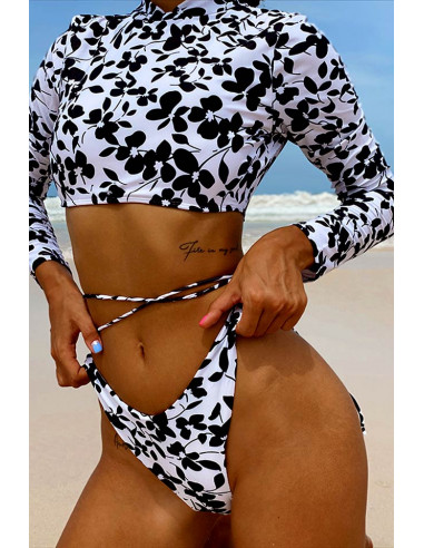 Costum de baie doua piese, imprimeu floral, bustiera cu maneci lungi si snururi