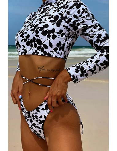 Costum de baie doua piese, imprimeu floral, bustiera cu maneci lungi si snururi