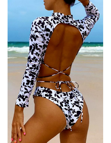 Costum de baie doua piese, imprimeu floral, bustiera cu maneci lungi si snururi