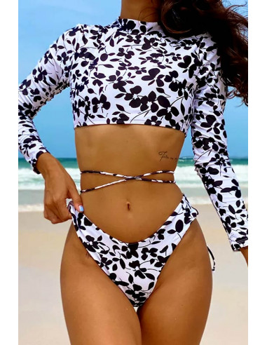 Costum de baie doua piese, imprimeu floral, bustiera cu maneci lungi si snururi