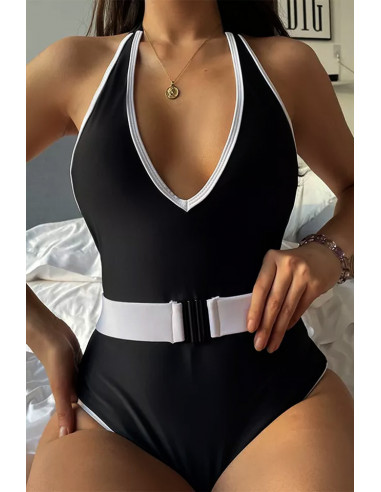 Costum de baie intreg, decolteu adanc, contur contrastant si curea
