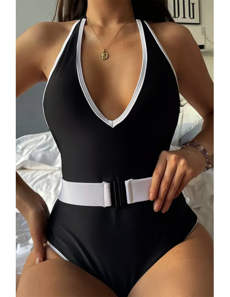 Costum de baie intreg, decolteu adanc, contur contrastant si curea