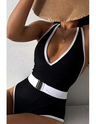 Costum de baie intreg, decolteu adanc, contur contrastant si curea