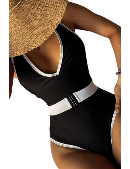 Costum de baie intreg, decolteu adanc, contur contrastant si curea