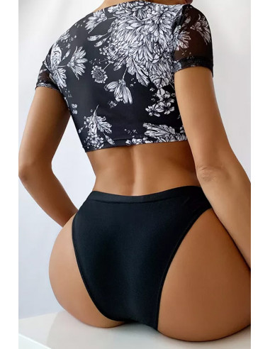 Costum de baie doua piese, top cu maneci si snururi pe decolteu, imprimeu floral