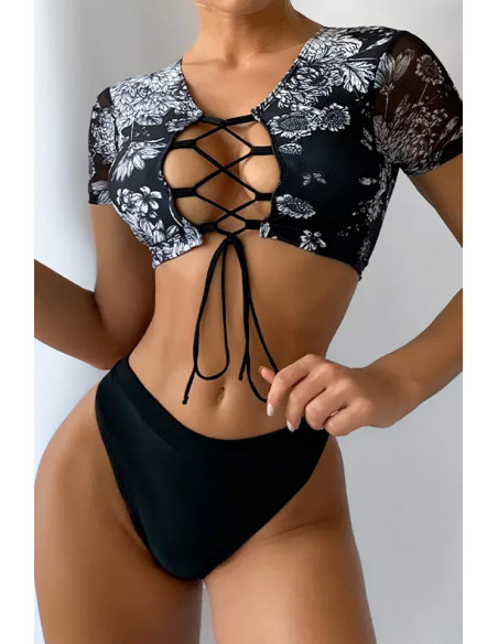 Costum de baie doua piese, top cu maneci si snururi pe decolteu, imprimeu floral