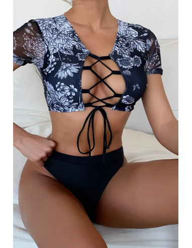Costum de baie doua piese, top cu maneci si snururi pe decolteu, imprimeu floral