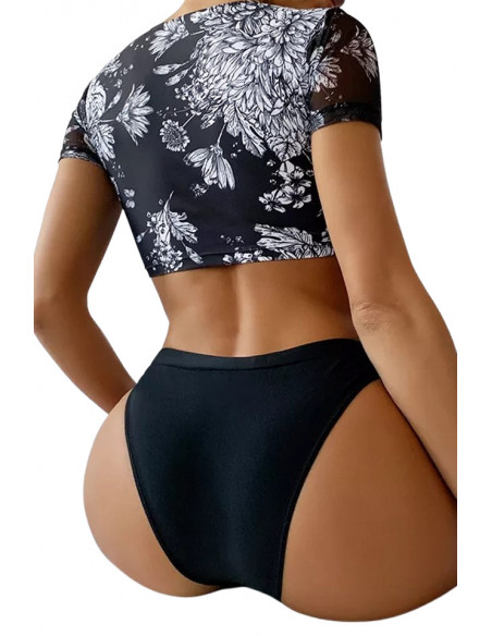 Costum de baie doua piese, top cu maneci si snururi pe decolteu, imprimeu floral