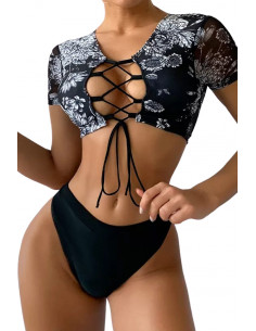 Costum de baie doua piese, top cu maneci si snururi pe decolteu, imprimeu floral