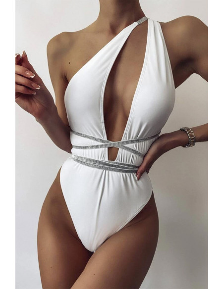 Costum de baie intreg, asimetric, decolteu adanc si bretele lungi elastice