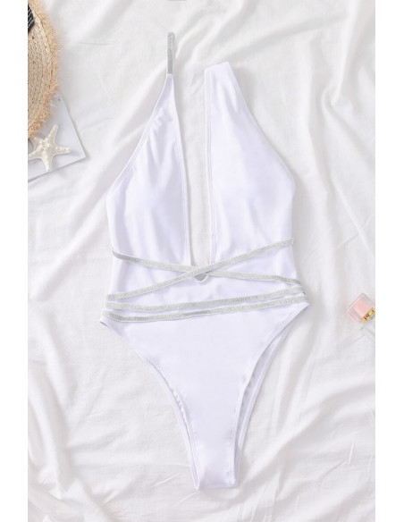 Costum de baie intreg, asimetric, decolteu adanc si bretele lungi elastice