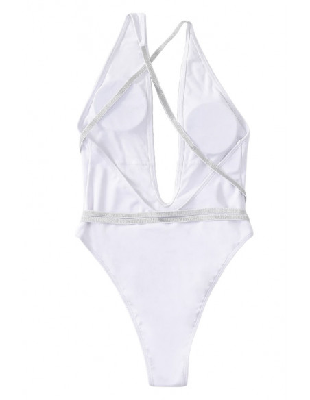 Costum de baie intreg, asimetric, decolteu adanc si bretele lungi elastice