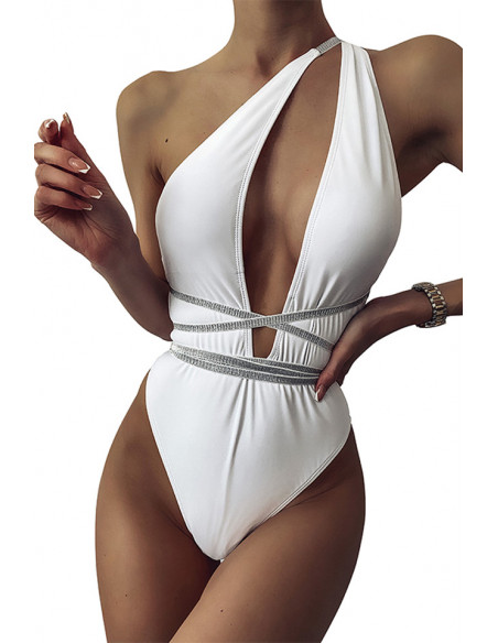 Costum de baie intreg, asimetric, decolteu adanc si bretele lungi elastice