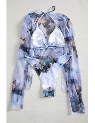 Costum de baie trei piese, imprimeu abstract, cu top cu maneci lungi, semitransparent