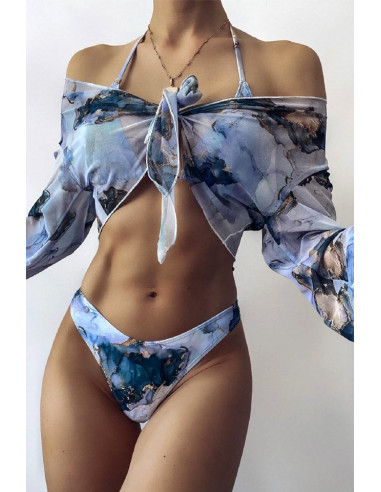 Costum de baie trei piese, imprimeu abstract, cu top cu maneci lungi, semitransparent
