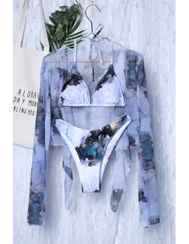Costum de baie trei piese, imprimeu abstract, cu top cu maneci lungi, semitransparent