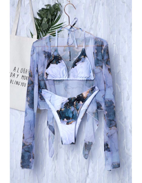 Costum de baie trei piese, imprimeu abstract, cu top cu maneci lungi, semitransparent