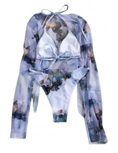 Costum de baie trei piese, imprimeu abstract, cu top cu maneci lungi, semitransparent 2