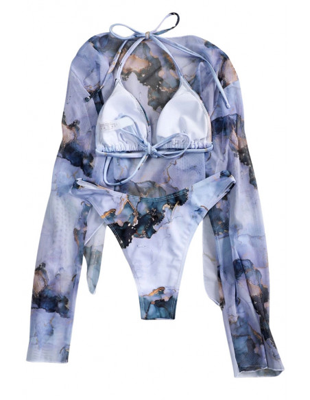 Costum de baie trei piese, imprimeu abstract, cu top cu maneci lungi, semitransparent