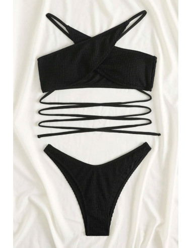 Costum de baie doua piese, din ribbed jersey, bustiera legata incrucisat si slip ingust