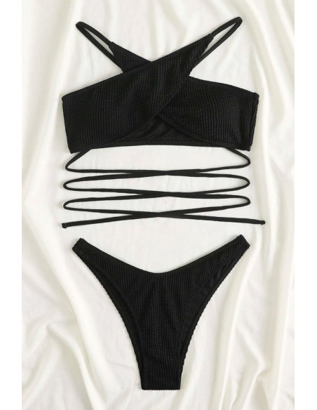 Costum de baie doua piese, din ribbed jersey, bustiera legata incrucisat si slip ingust