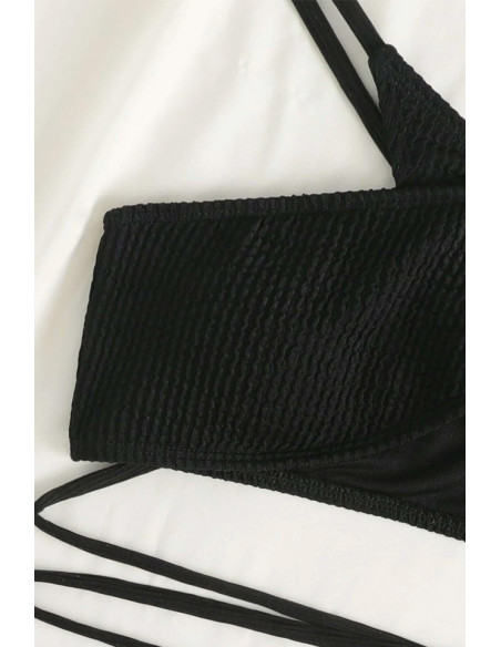Costum de baie doua piese, din ribbed jersey, bustiera legata incrucisat si slip ingust