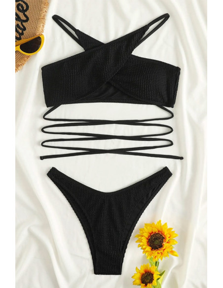 Costum de baie doua piese, din ribbed jersey, bustiera legata incrucisat si slip ingust