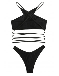 Costum de baie doua piese, din ribbed jersey, bustiera legata incrucisat si slip ingust 2