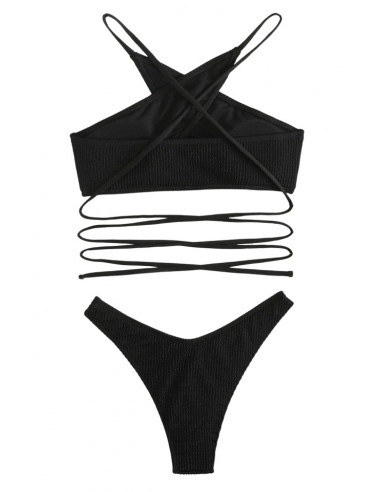 Costum de baie doua piese, din ribbed jersey, bustiera legata incrucisat si slip ingust