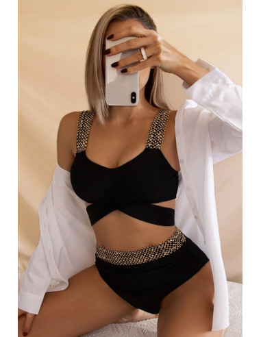 Costum de baie doua piese, talie inalta si benzi elastice aurii cu paiete