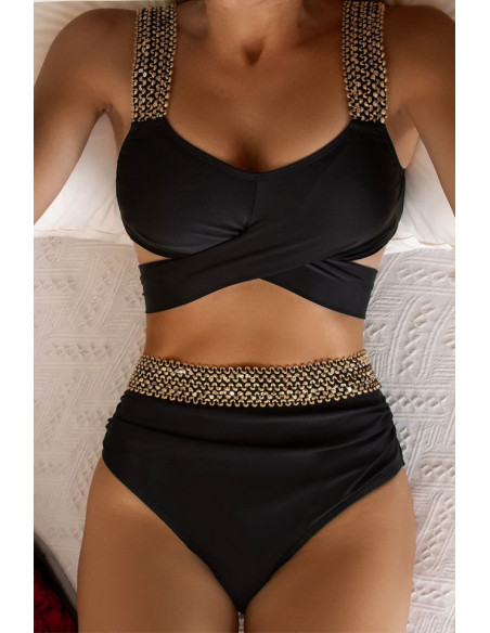 Costum de baie doua piese, talie inalta si benzi elastice aurii cu paiete