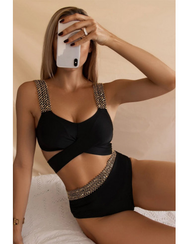 Costum de baie doua piese, talie inalta si benzi elastice aurii cu paiete
