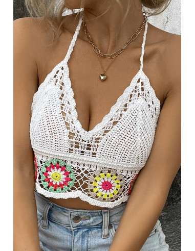 Top de vara, bustiera crosetata cu spatele gol, model floral colorat