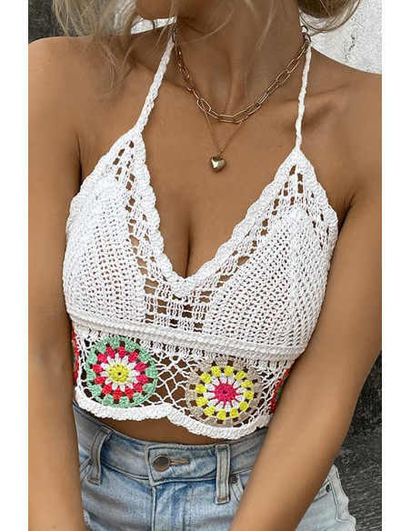 Top de vara, bustiera crosetata cu spatele gol, model floral colorat