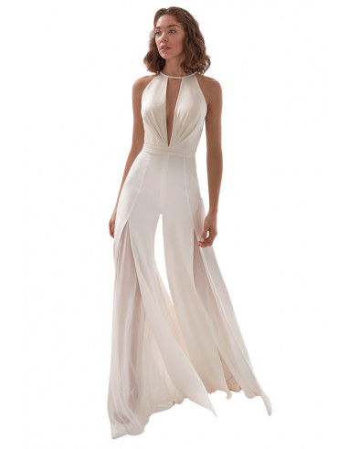 Salopeta dama eleganta, cu pantalon larg, dublat, slituri lungi si spatele gol