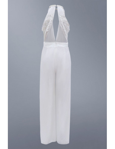 Salopeta dama eleganta, cu pantalon larg, dublat, slituri lungi si spatele gol