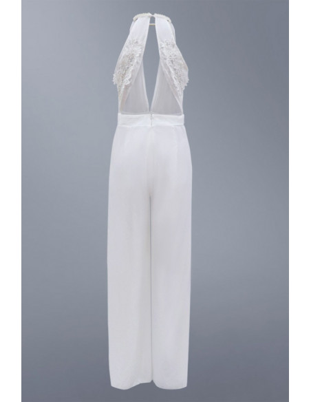 Salopeta dama eleganta, cu pantalon larg, dublat, slituri lungi si spatele gol