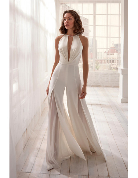 Salopeta dama eleganta, cu pantalon larg, dublat, slituri lungi si spatele gol