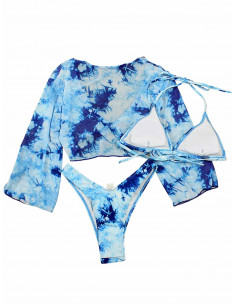 Costum de baie trei piese, imprimeu abstract tie-die, cu top cu maneci lungi, semitransparent 2