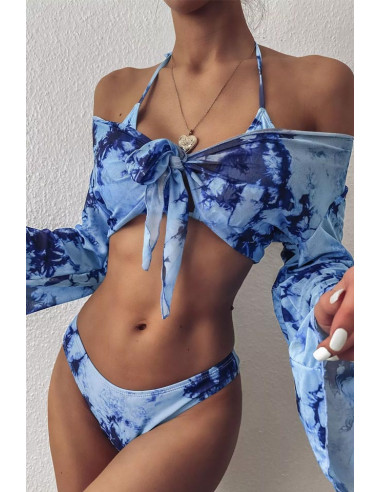 Costum de baie trei piese, imprimeu abstract tie-die, cu top cu maneci lungi, semitransparent
