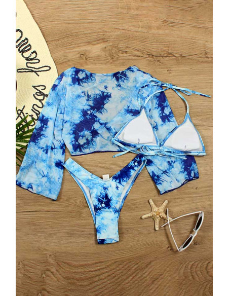Costum de baie trei piese, imprimeu abstract tie-die, cu top cu maneci lungi, semitransparent