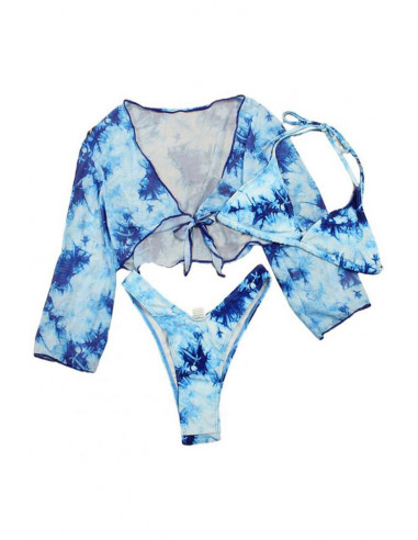 Costum de baie trei piese, imprimeu abstract tie-die, cu top cu maneci lungi, semitransparent